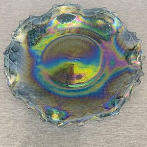VTG Imperial Carnival Glass Plate Blue Iridescent Diamond Lace Ruffle Edge 10"